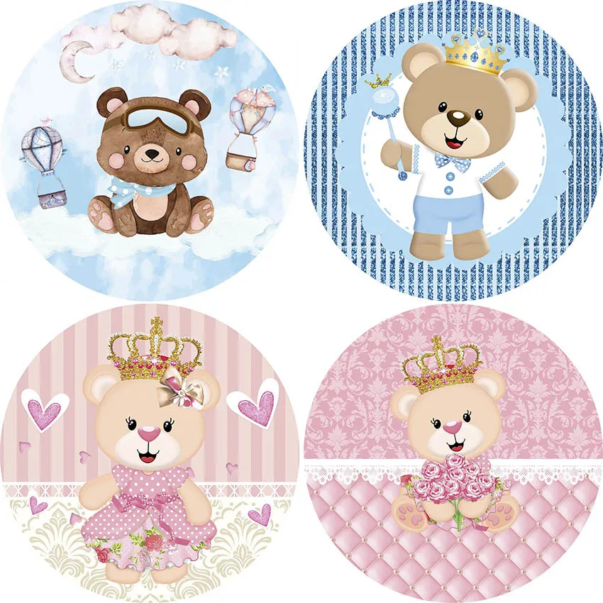 Mehofond Background Baptism Round Circle Custom Cute Bear Baby Shower Crown Glitter Boy Girl Birthday Party Decor Backdrop Cover