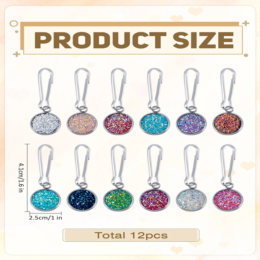 12Pcs Flat Round Pendant Decorations Mixed Color Zipper Pulls Charms Sequin Glitter Pendant Jewelry Finding for Jewelry Making