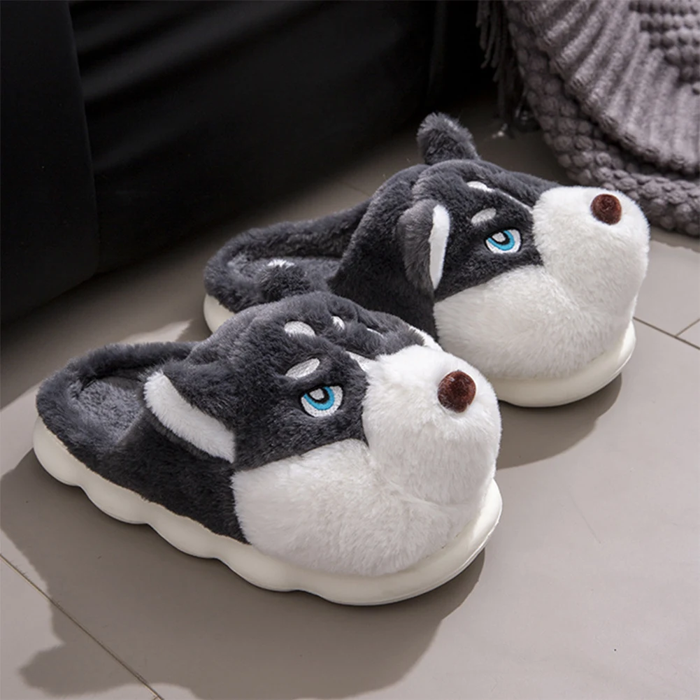 Plush Husky Slippers Plush Closed Toe Slippers Anti Slip Flat Thermal Slippers Comfortable Slip-on House Shoes for Autumn Winter