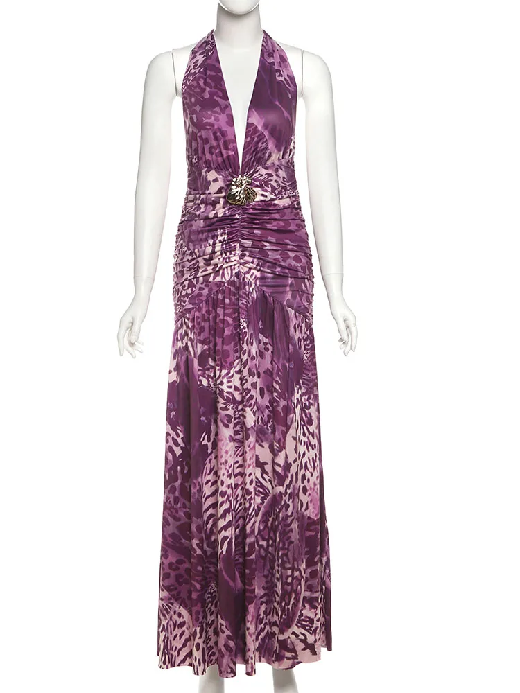 Nibber Backless Leopard Patchwork Maxi Dress Women Seashell Decoration Halter Low-Neck Ruched Side Splits Temperament Vestidos
