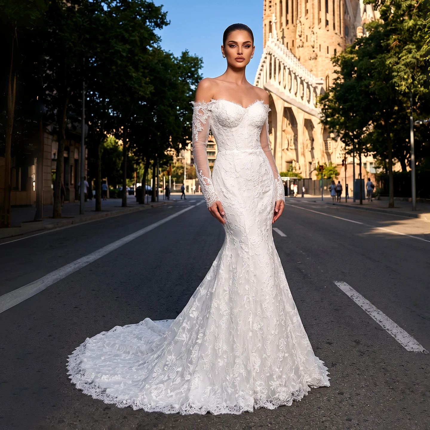 Sharon Said Elegant Lace Mermaid Wedding Dress Off Shoulder Long Sleeve Corset Bridal Gowns With Cathedral Train SW757 Customize