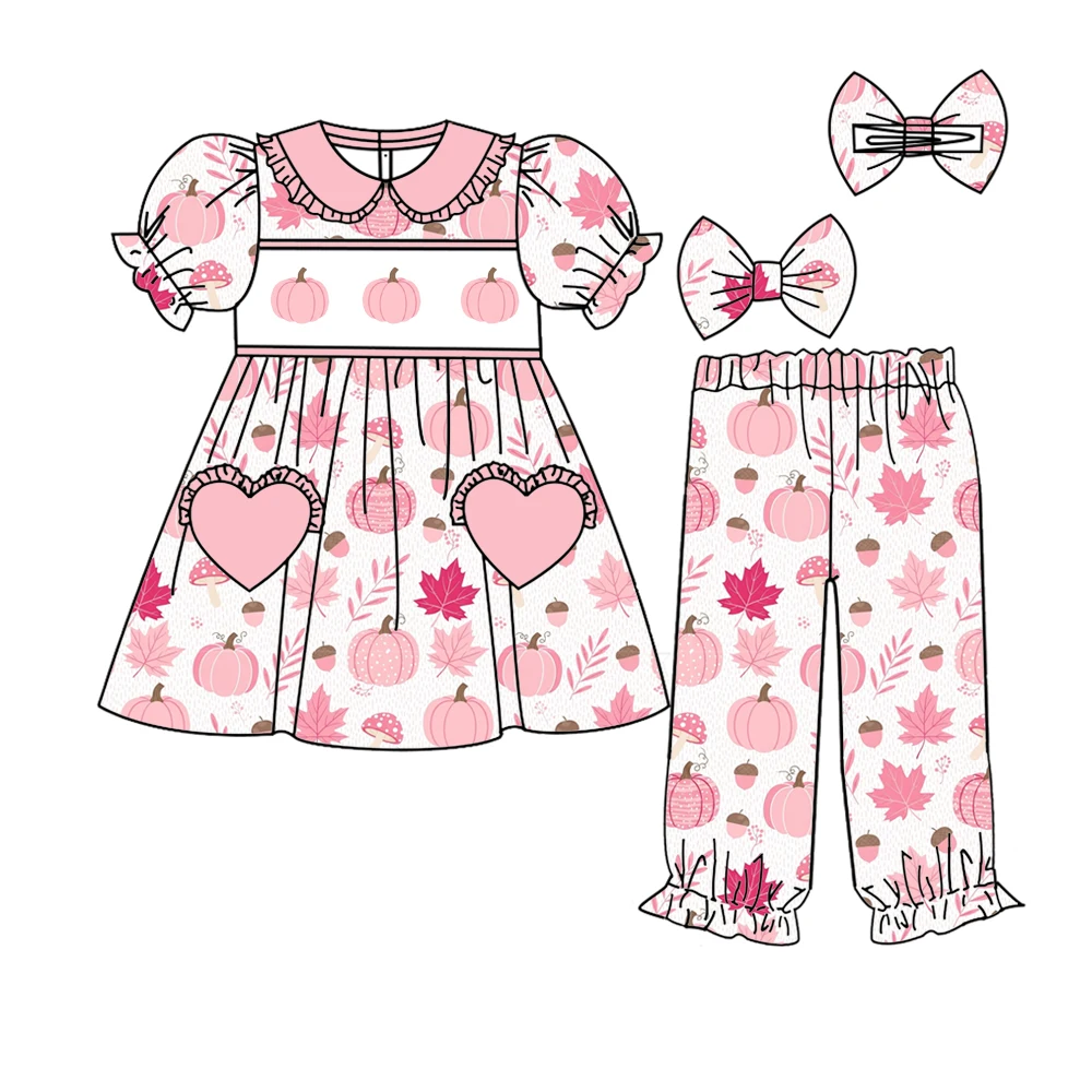 Thanksgiving Day Boutique Children's Set Lapel Short-Sleeved Lace Long Pants Elastic Girls Set Pumpkin Bow Print Set