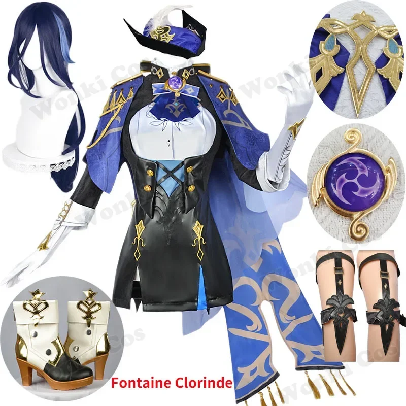 Fontaine Clorinde Cosplay Cosotume Dress Blue Wig Hair for Women Party Outfits with Hat Clorinde Cosplay Shoes Boots Cosotumes