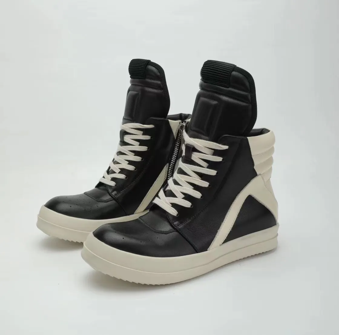 2024 RRICOWEES Autumn Winter Luxury Men Shoes High Top Shoes Black White Inverted Triangle Shoes Cowhide Thick Sole Couple