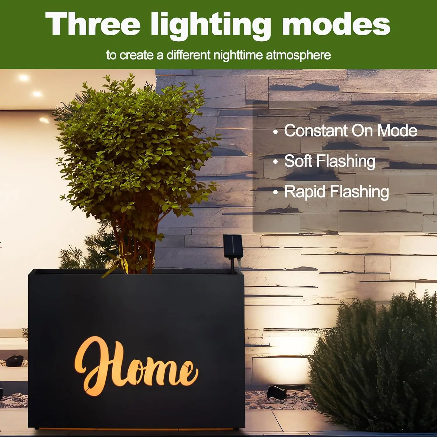 Metal Planter Box Rectangular Block - Galvanized Steel Long Planter Box with Solar Light Outdoor All-Weather Use with Drainage