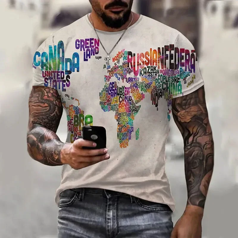 New Funny 3D Print World map Short Sleeve Tops Y2k Fashion O-neck Plus Size Streetwear Summer Casual Men's Clothing Tees