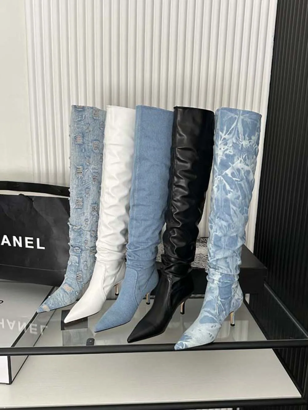 Sexy Women Over The Knee Boots Chelsea Booties Pointed Toe Blue Black White Denim Cloth Winter Dress Shoes Slip On Autumn Boots