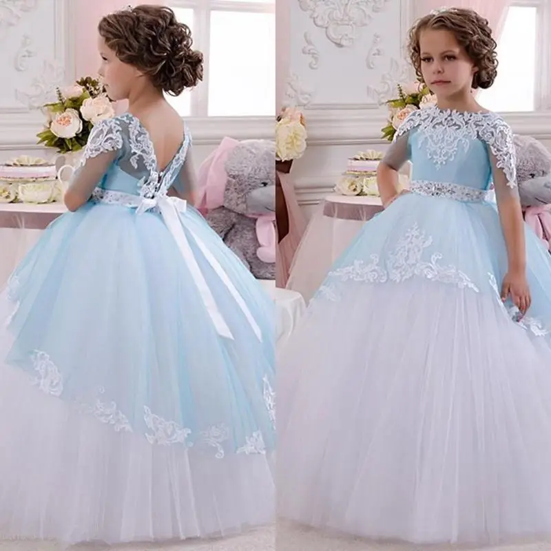 

Customized Flower Girl Dress For Wedding Applique Tulle Puffy Layered Short Sleeve Bow Birthday Party First Communion Ball Gowns