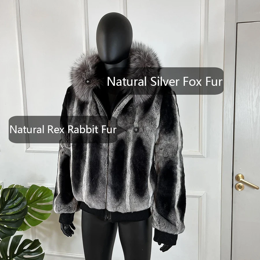 Abrigos de Piel de Chinchilla, Chaqueta con Capucha de Piel de Conejo Rex Real, con Cuello de Piel de Zorro Natural, Chaquetas de Piel Auténtica