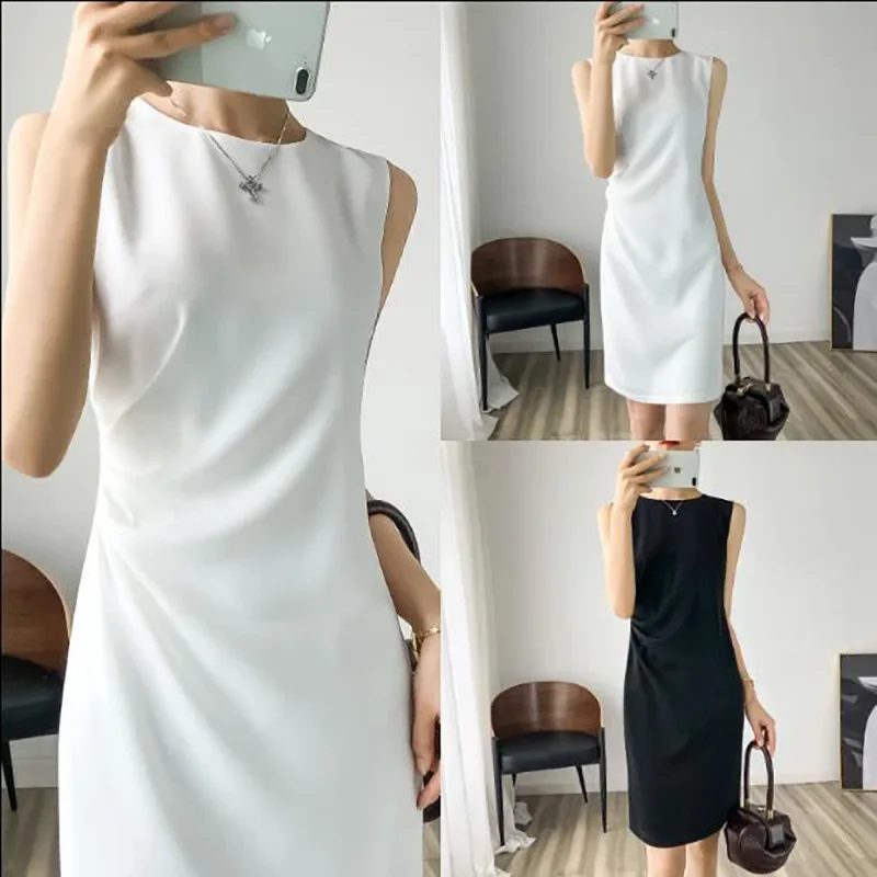 

Classical Summer Round Neck Shirring Waist Sleeveless Dress OL Style White Black Color Waist Pleated Design Looks Thin Acetate