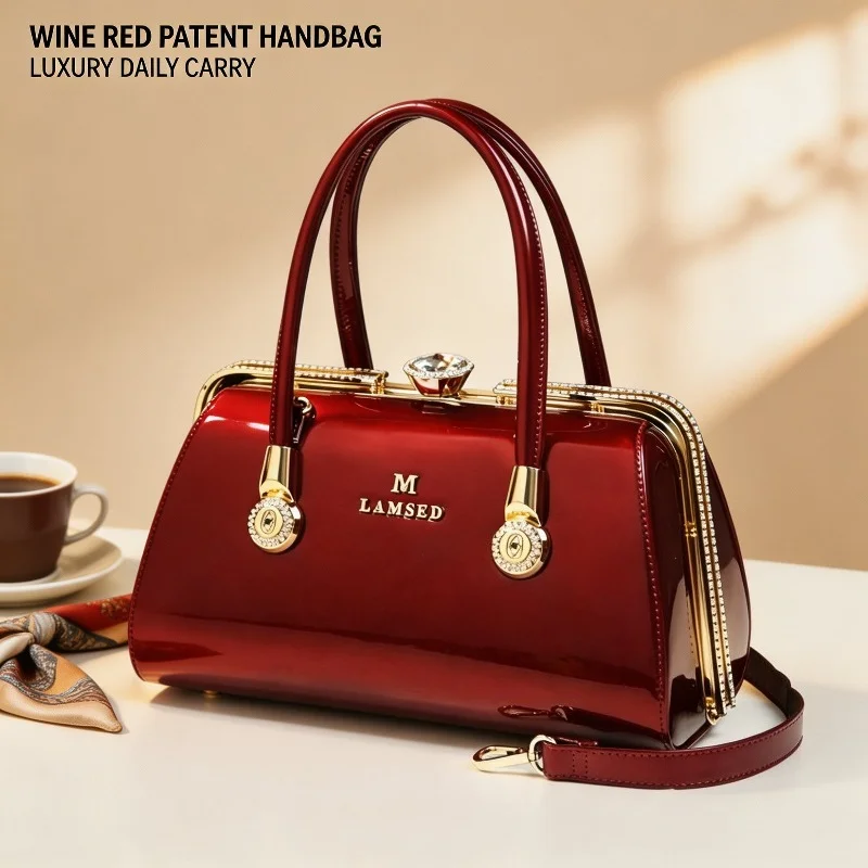Women Glossy Patent Leather Frame Handbag Rhinestone Decor Metal Hardware Top Handle Detachable Strap Evening Shoulder Purse