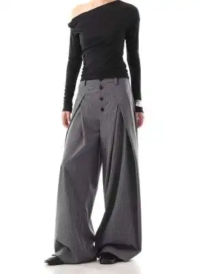 Autumn Simple Buckle Design Suit Pants Women's Trousers Striped Casual Bottom Korean Style Pleated Wide Leg A-line Pants