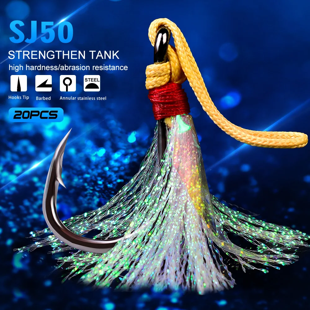 

JINGYU-Barb Fishhooks with Fur and Tackle Plate, Corrosion Resistant Sea Fishing Hooks for Saltwater,Lure FishingTackle, SJ50, 5