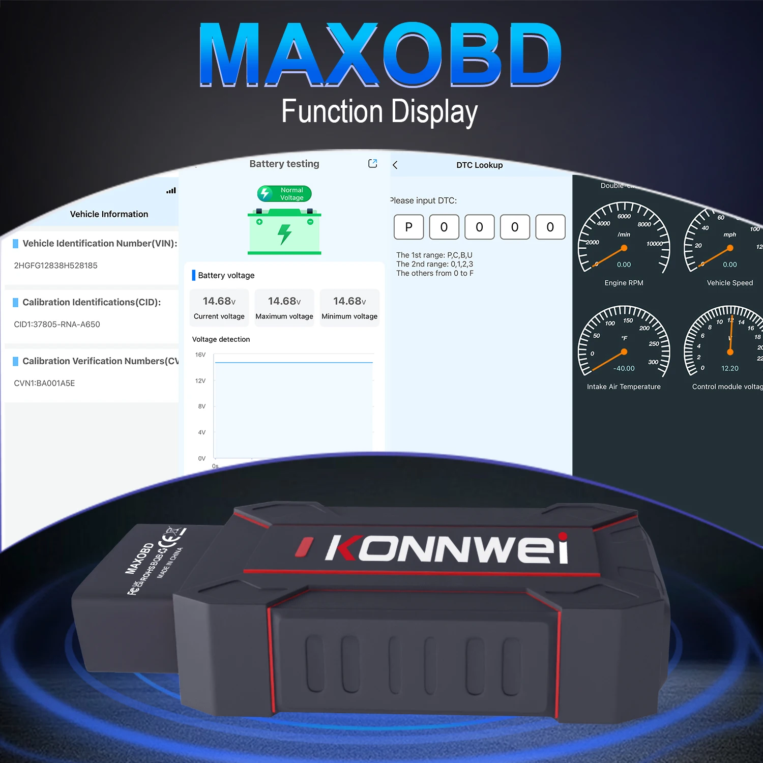 Newest KONNWEI MAXOBD Full System Scanner Blue-tooth 5.0 For Android And Ios Both With Free MAXOBD App On Mobile