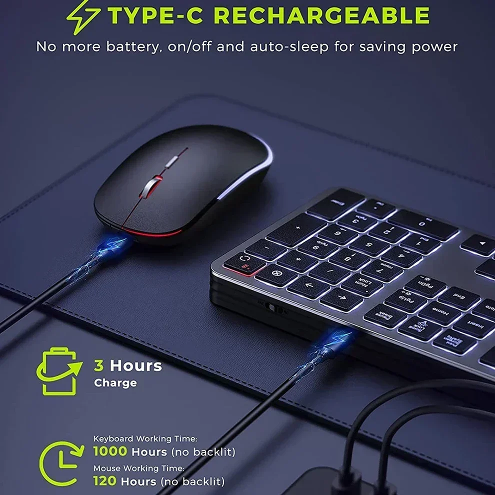 Backlight Wireless Keyboard and Mouse Combo 2.4G USB Silent Keyboard Set Rechargeable Full-Size Slim Keyboard & Mouse Set