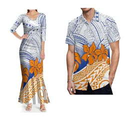 Custom Summer V-Neck Slim Fit Elegant Fishtail Skirt Temperament Long Dress Men'S Casual Shirt Polynesian Couple Suit
