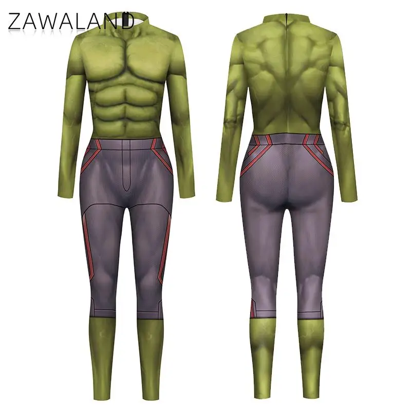 Zawaland Superhero Gedrukt Hoge Kwaliteit Halloween Carnaval Party Lange Mouw Groen Spier Pak Unisex Mannen Kostuum Zentai Catsuit