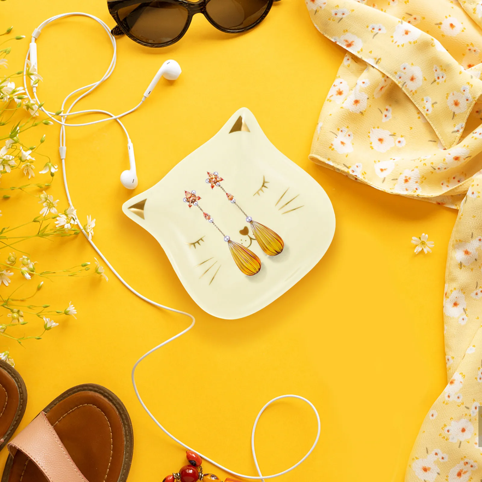 

2Pcs Cat Pattern Ceramic Jewelry Organizer Plates Stylish Ring Earring Necklace Storage Tray Sushi Fruit Display Plate