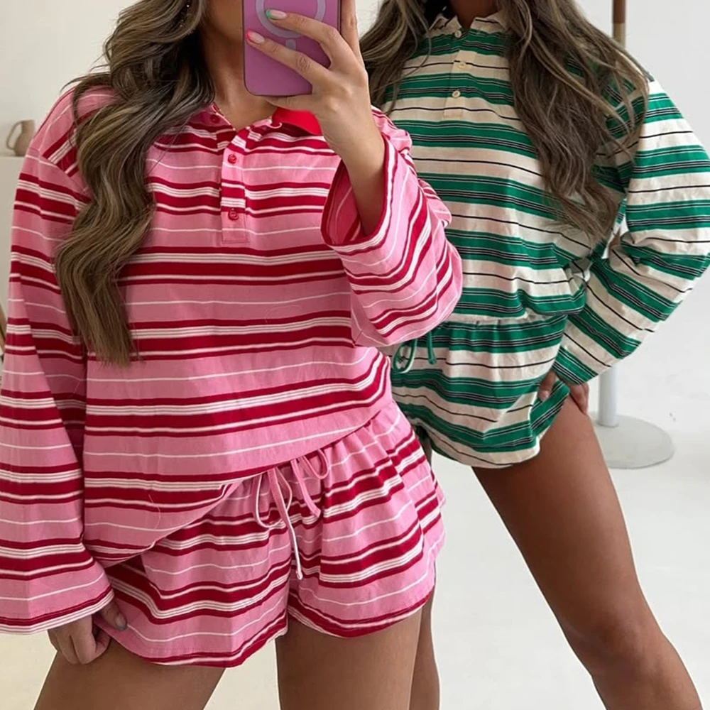

Женская осенняя эстетичная одежда из двух предметов y2k, полосатый принт, толстовки на пуговицах с длинными рукавами + шорты, повседневные спортивные костюмы, одежда
