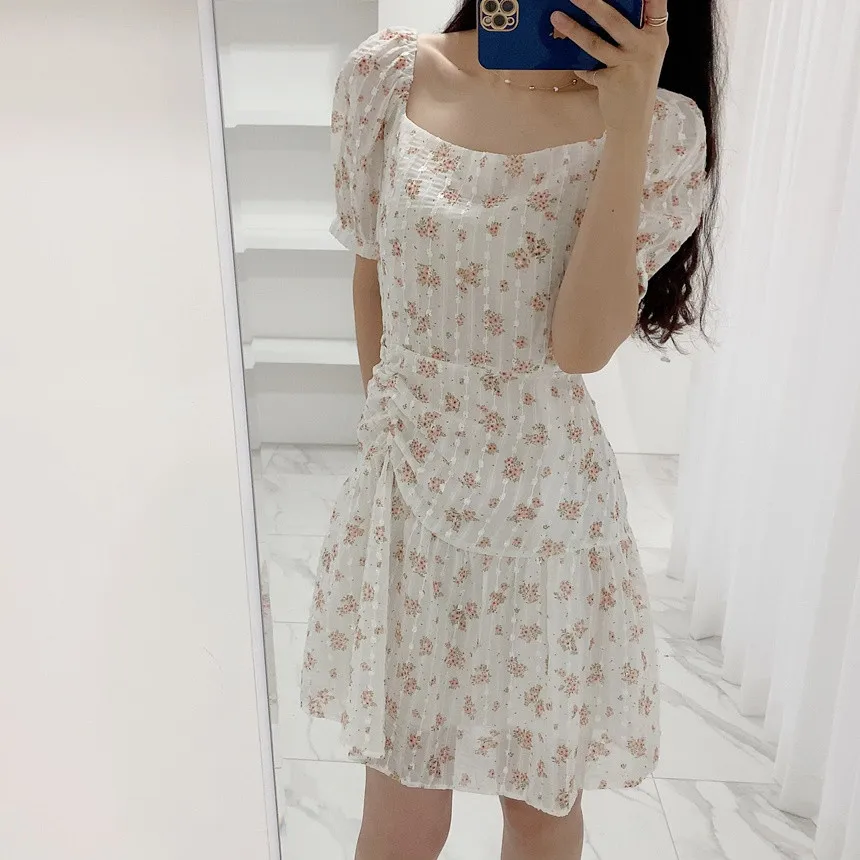 Floral Print Puff Sve Dr A-Line  Skirt Slimming Gathered Waist Summer Commute Sle ort Sve Square Ne Polyes...