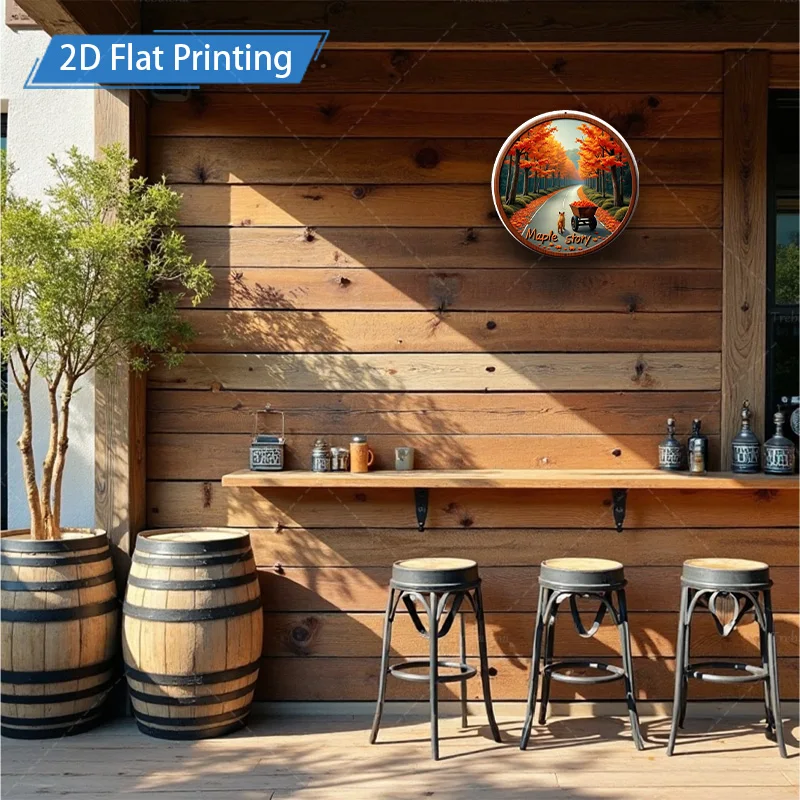 1pc 8x8inch Metal Sign "Autumn Maple Lane 2D Flat Printing Wall Art Decor"