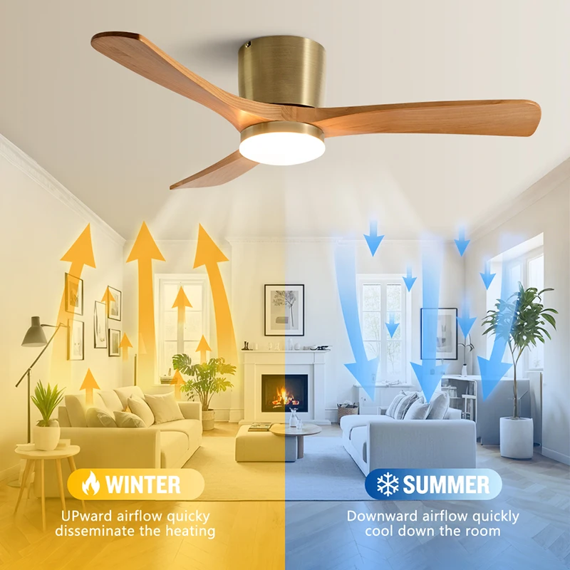 Classic Solid Wood Fan Blade Ceiling Fan Light, Flat-mounted Reversible Energy-saving Motor, Multi-functional Remote Control