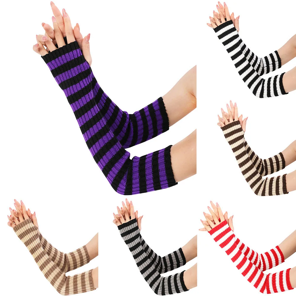 Women's Knitted Arm Sleeves Gothic Style Striped Autumn Winter Long Arm Warmers Girls Harajuku Y2K Wrist Gloves Elbow Mittens