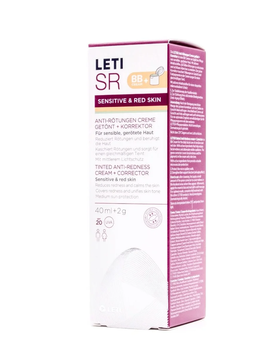 Leti sr bb cream Anti-redness with color + Concealer spf 20 40ml-reduces and covers redness in sensitive skin.