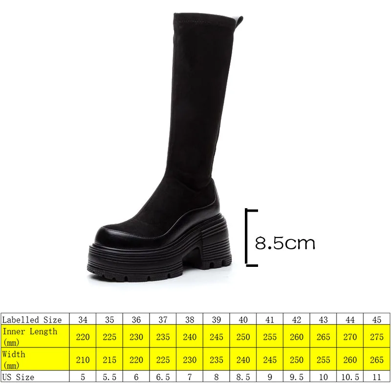 Fujin 8.5cm 2024 Stretch Fabric Synthetic Women Autumn Platform Wedge Round Toe Knee High Boots High Brand Spring Shoes Slip On