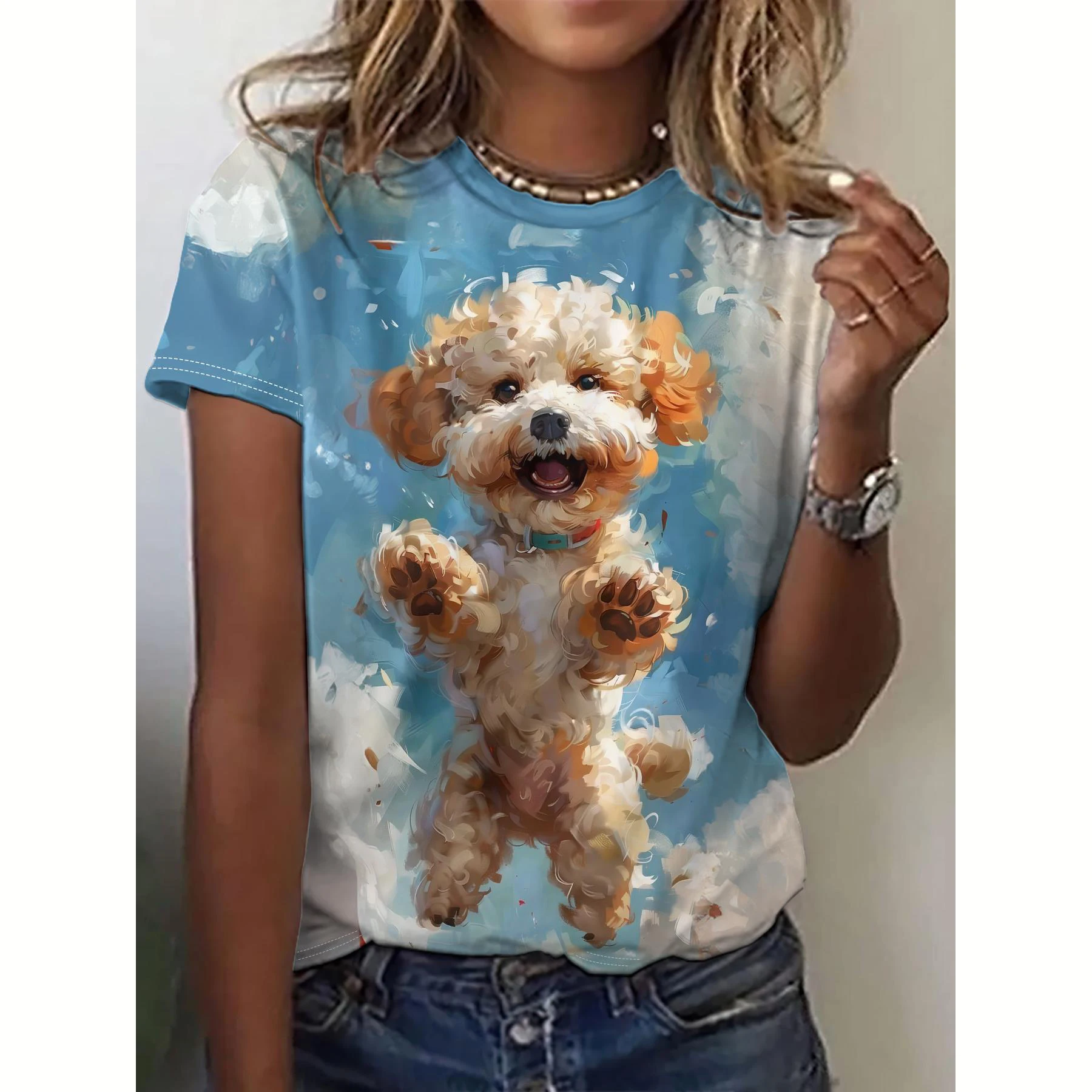 Kaos Wanita Musim Panas Motif Anjing Kasual Lengan Pendek 3D Kaos Fashion Streetwear Kerah Bulat Pullover Ukuran Besar Pakaian Wanita