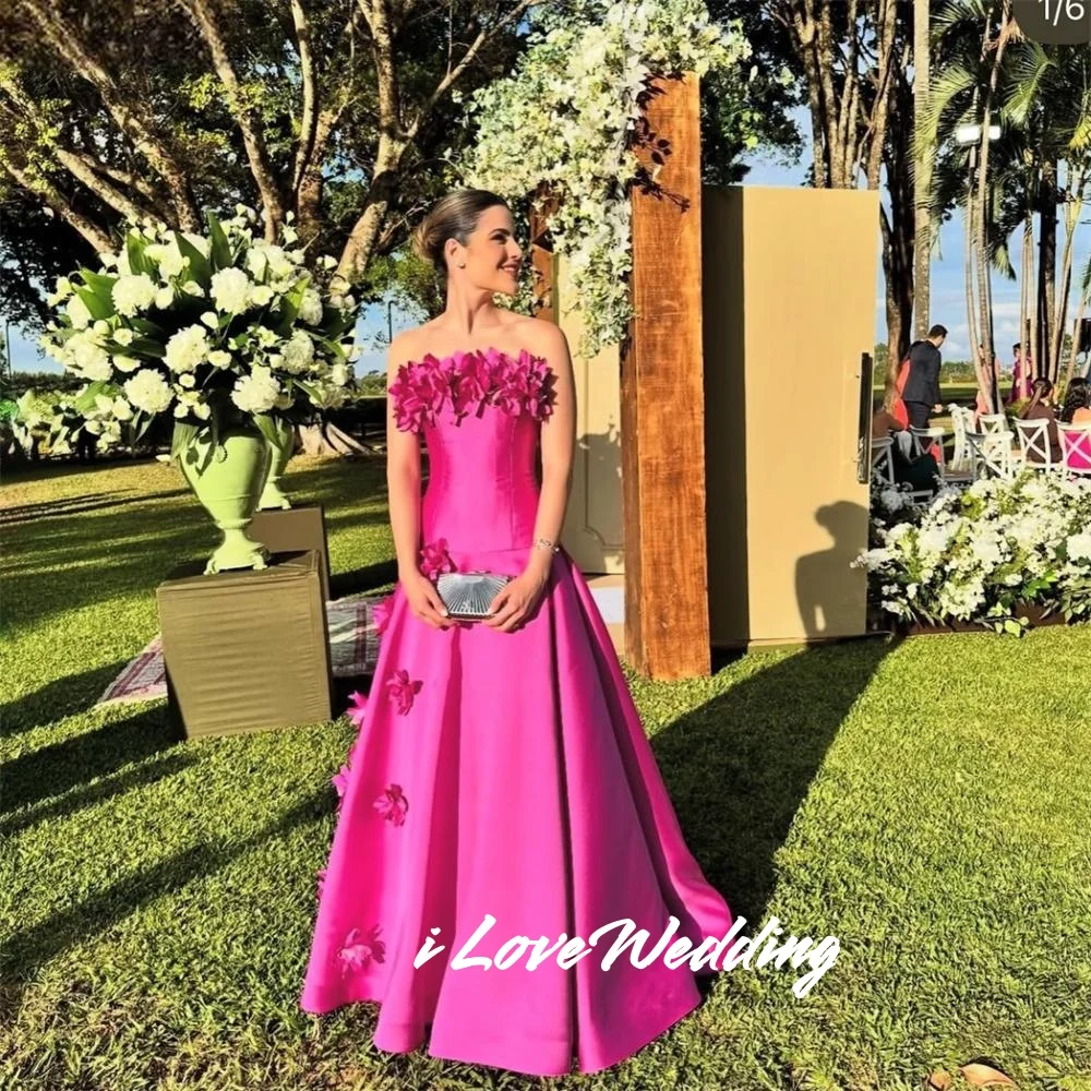 

Rose Pink 3D Flower Strapless Prom Dress A-Line Sleeveless Backless Vestidos de festa Elegant Floor-length Pleated Customized