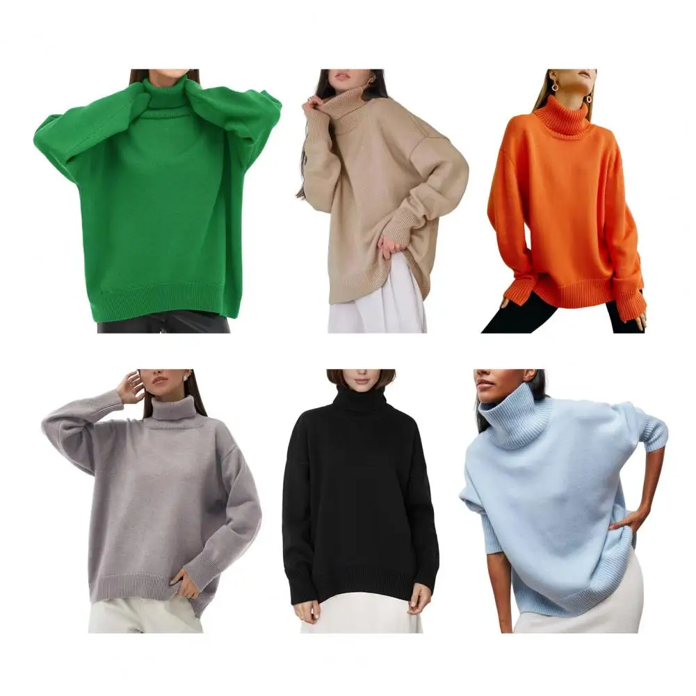 

Женский свитер с высоким воротом на осень 2025: свободный, элегантный, плотный, однотонный, вязаный пуловер для женщин, повседневный топ