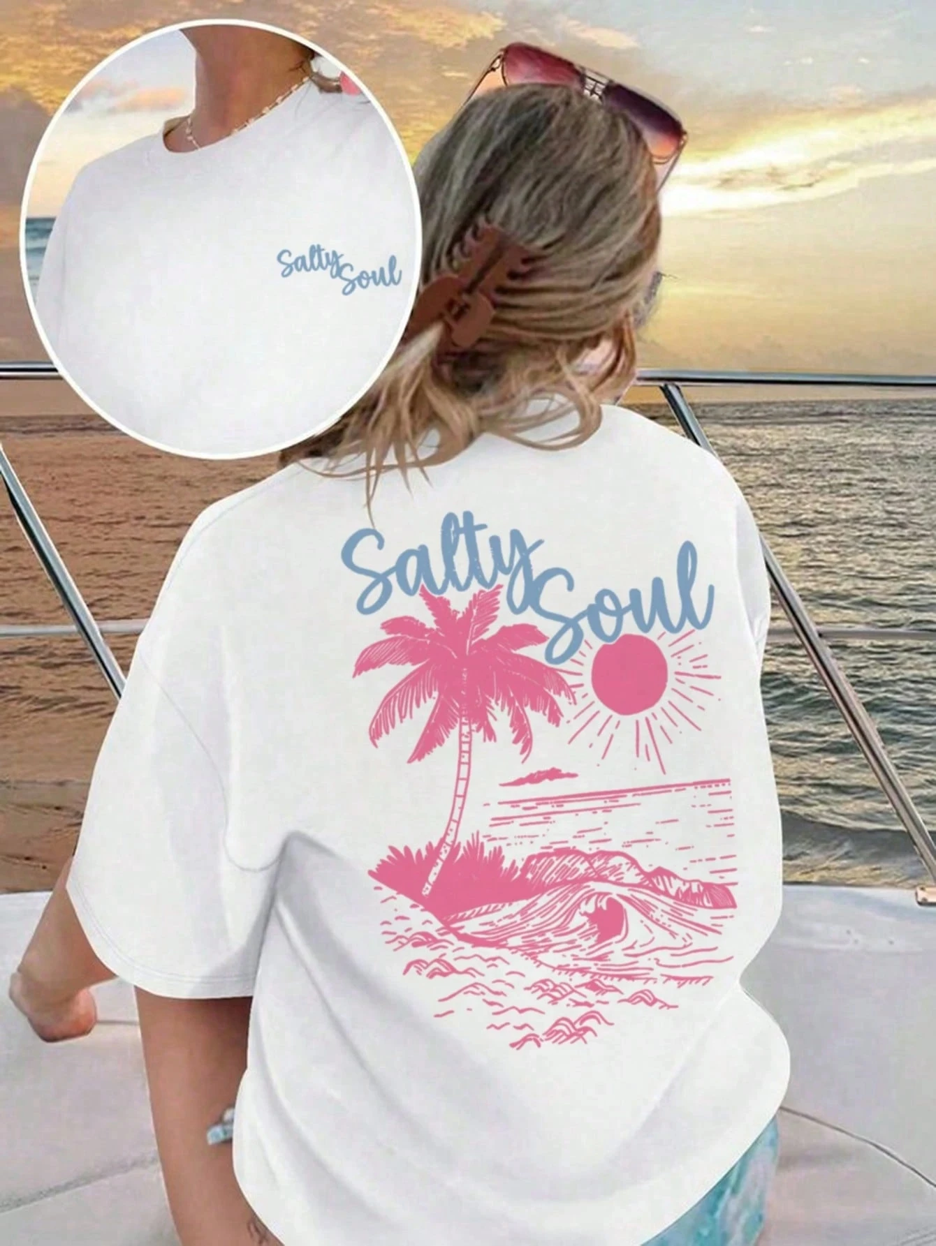 

Plus Size White T - shirt Summer Island Vibe “Salty Soul” Coconut Tree Printed Wear Sunshine and Beach on Your Bod