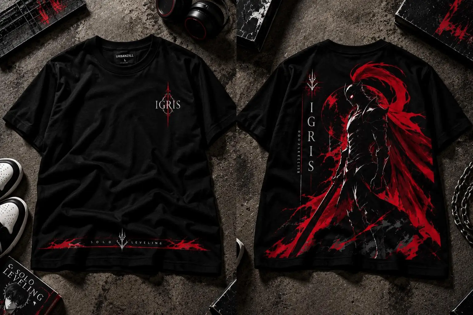 Dark Knight Warrior Double Sided Red Black Print T Shirt Unisex Retro Manhwa Graphic Oversized Loose Cotton Harajuku Streetwear