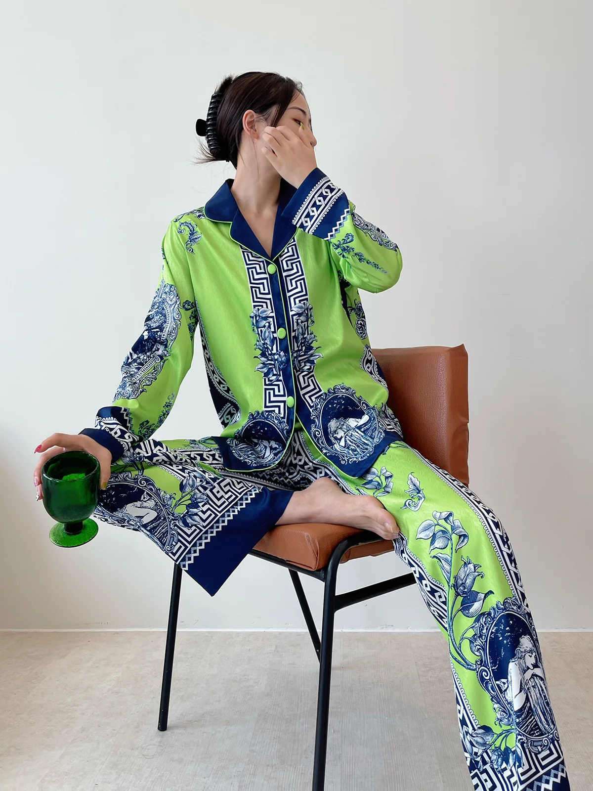 Autumn Loose Silk Women\'s Pajamas Suits Long Sleeve Printed Shirt Long Pants Sleepwear for Woman Home Clothes Green Trouser Suit