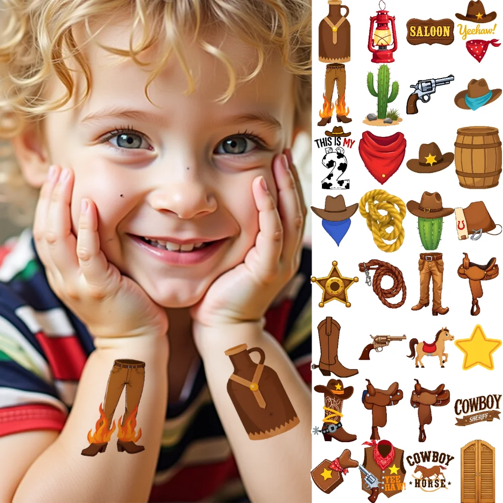 

63pcs Temporary Tattoo Cowboy Icons Temporary Tattoo Stickers Cowboy Stickers Waterproof Long-lasting Body Stickers For Boys