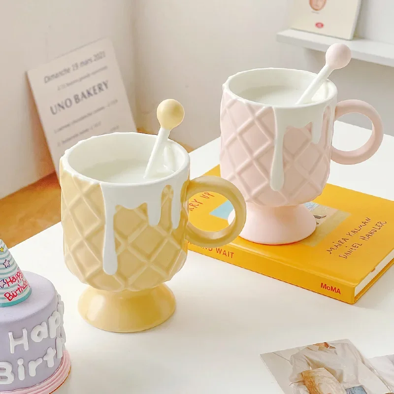 Ceramic Cup ins High appearance Level Milk Cup Girls home Cream Ice Cream Coffee Cup mug Mug with stirring spoon