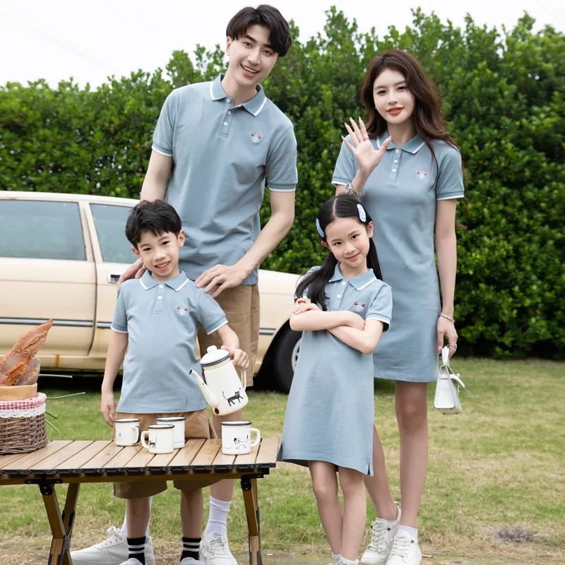 Blue Family Matching Outfits Polo Shirt set Women Blouse Dress Couple Set Wear Tee Summer Holiday Mother's Day  Short Pants Gift