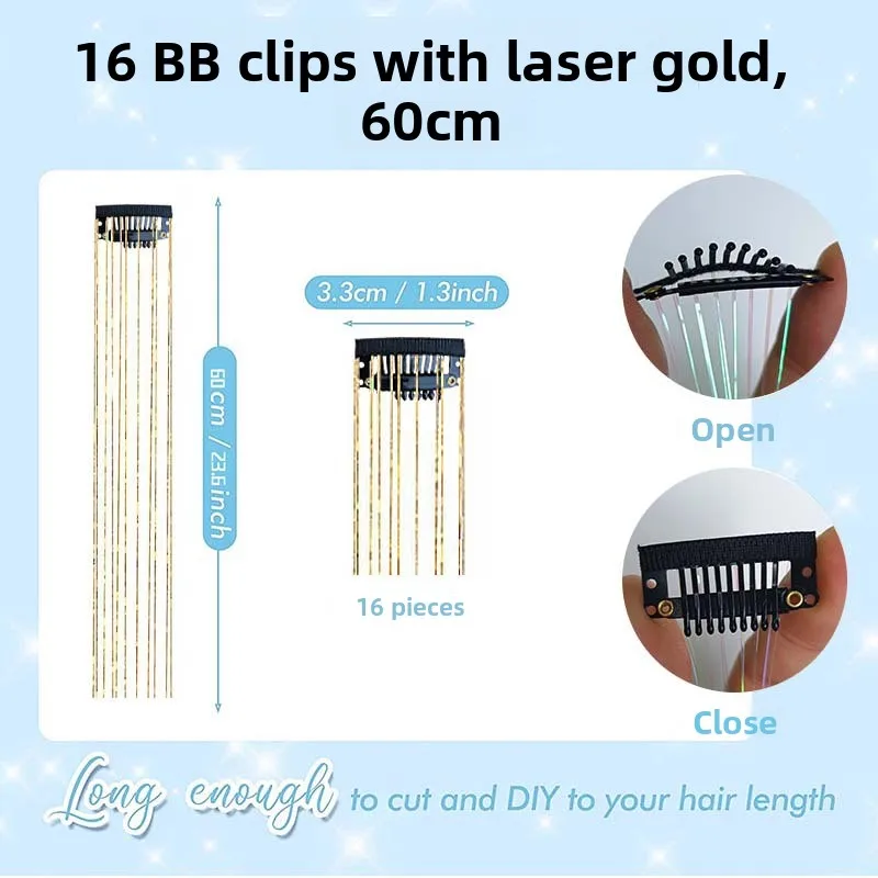 مجموعة من 2 قطعة من خصلات الشعر الذهبية اللامعة بالليزر، وصلات شعر معدنية ملونة، إكسسوارات شعر #5