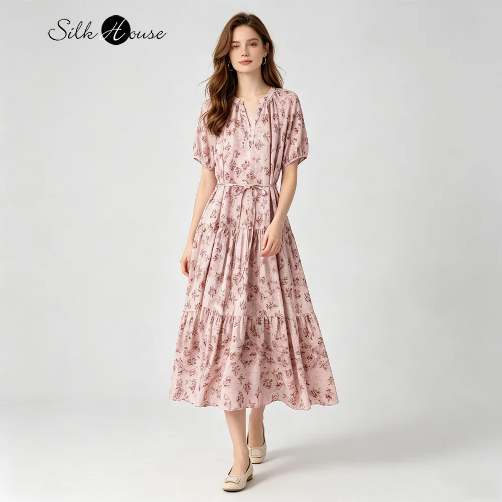 

Vacation Style 2.5m Large Swing 100%Natural Mulberry Silk Double Crepe V-neck Lantern Short Sleeved Women's Casual Printed Dress