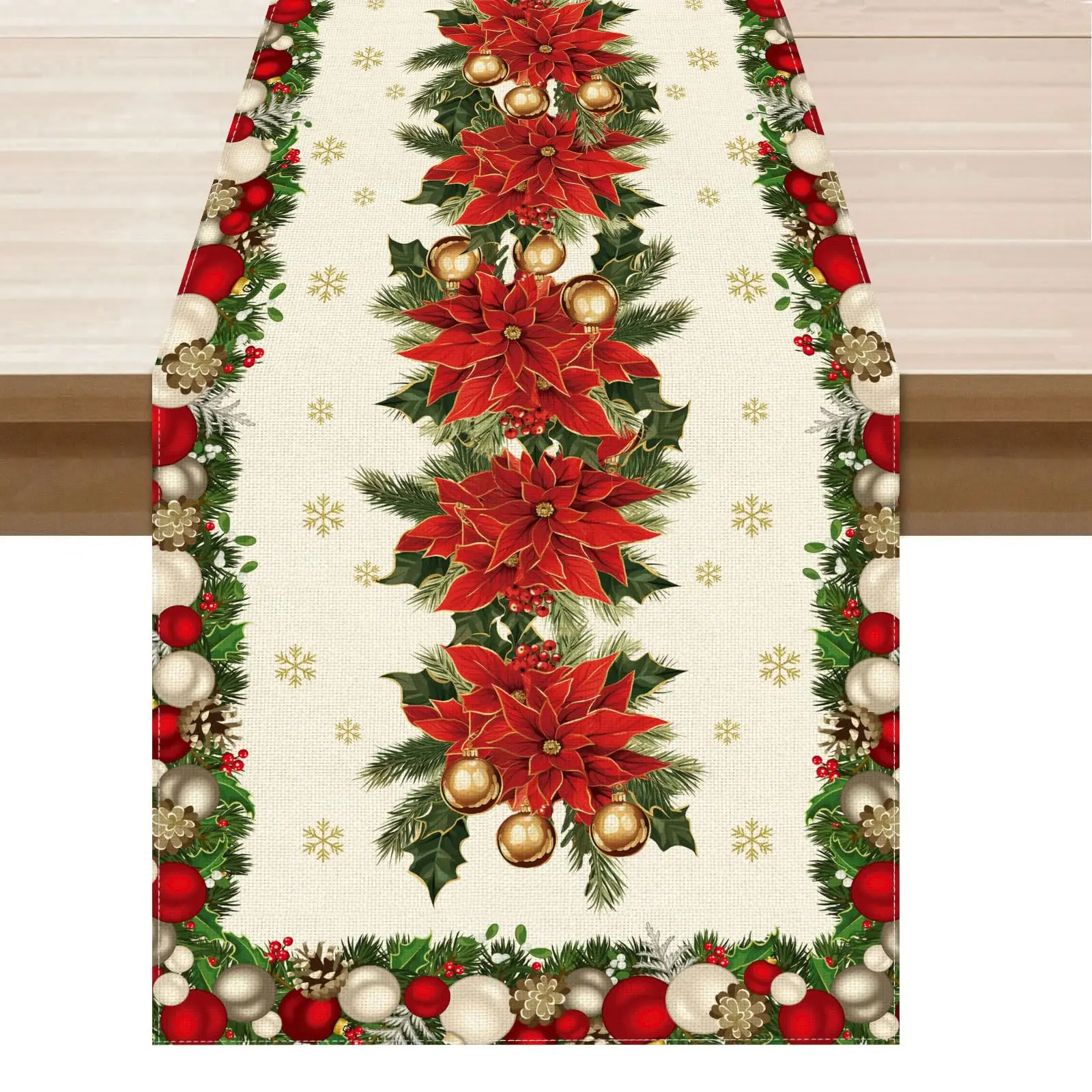 

Christmas Poinsettias Leaves Bells Snowflakes Winter Xmas Table Runner Table Decoration for Home Kitchen Dining Holiday Decor