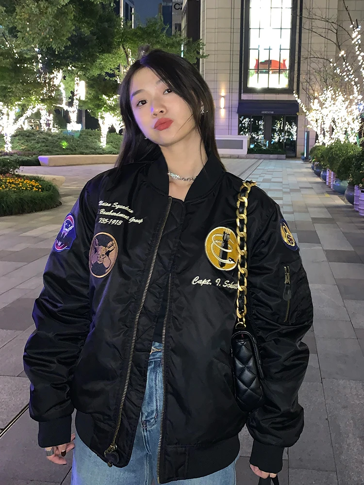 

Bla Baseball Jersey Embroidered Cotton Jaet Women's Thiened Design Sense Small Size Korean Sle Zipper Closure Long Sl...