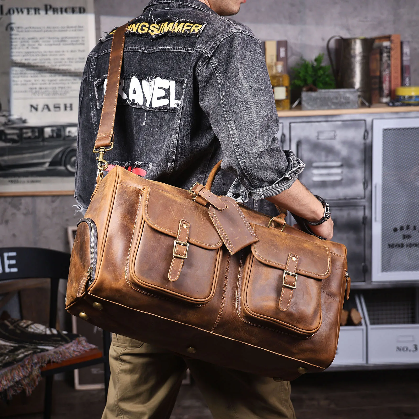 S.WORKER Vintage Echtleder-Reisetasche aus Crazy-Horse-Rindsleder, handgefertigte Weekender-Tasche, Sporttasche – Detail 4