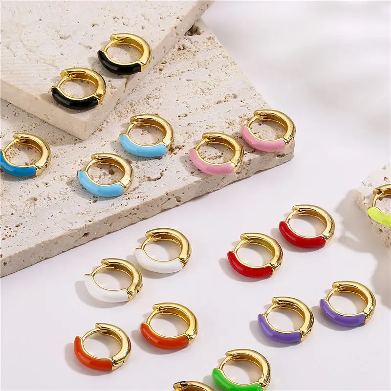 HECHENG,Purple/pink/blue Color Enamel Small Hoop Earrings  Round Circle Huggie Earrings for Women Fashion Jewelry Wholesale