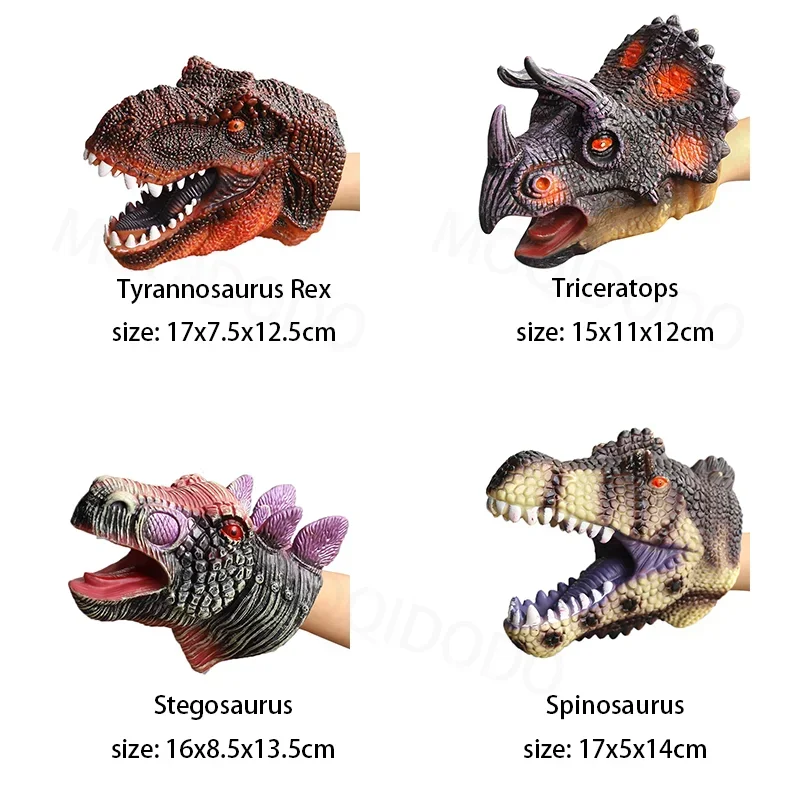 Marionetas de mano con cabeza de dinosaurio suave para niños, modelo de cabeza t-rex realista, juguete de tiburón, Jurass, parque de animales, juguetes del mundo de dinosaurio para niño