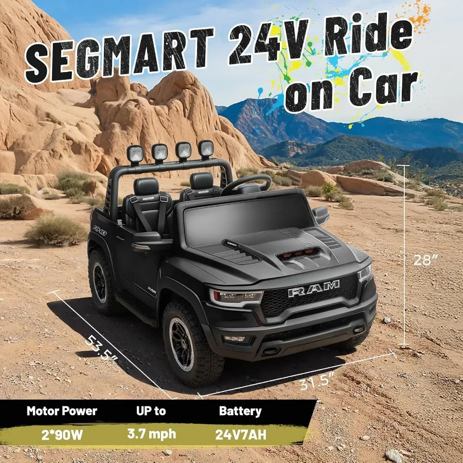 รถยนต์ไฟฟ้าสำหรับเด็กเล่น รุ่น Ram 1500 RHO 24V ขับเคลื่อนด้วยแบตเตอรี่ขนาดใหญ่ พร้อมรีโมทคอนโทรลสำหรับผู้ปกครอง ไฟ LED/เพลง/MP3