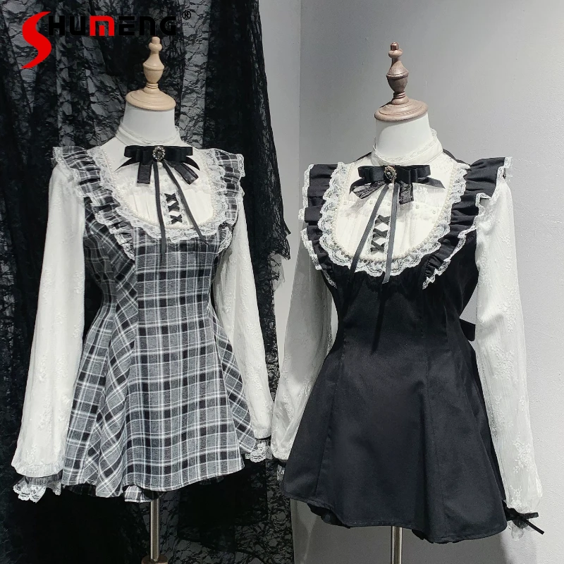 

Mine Mass-Production Long Sleeve Dress Set Lady Sweet Lace Pearl Bow Plaid Top and Shorts Two Piece Sets Lolita Outifits Spring