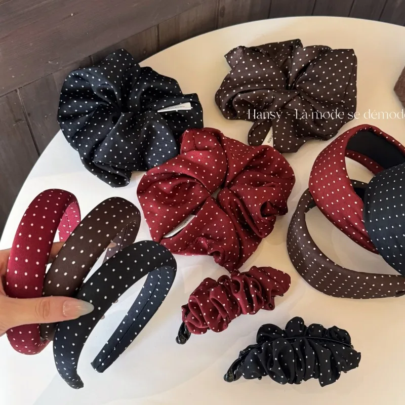 Women Textured Satin Polka Dot Burgundy Elegant Large Intestine Hair Tie Ball Ponytail Easy Match Hair Rope