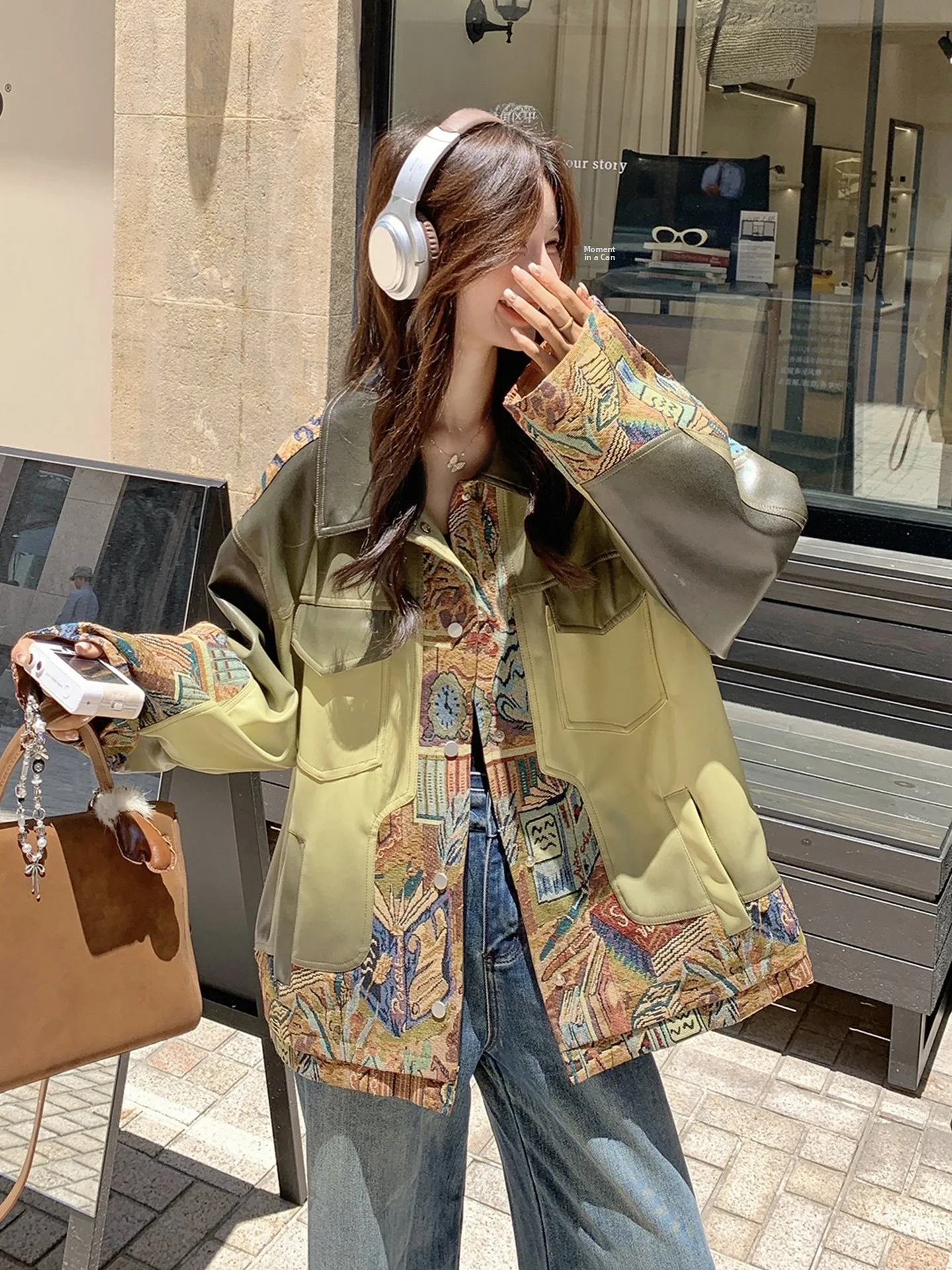 เสื้อโค้ทหนัง PU แบบต่อผ้าสไตล์จีนใหม่ สำหรับผู้หญิง ฤดูใบไม้ผลิ ฤดูใบไม้ร่วง ทรงเข้ารูป ใส่ทำงานได้