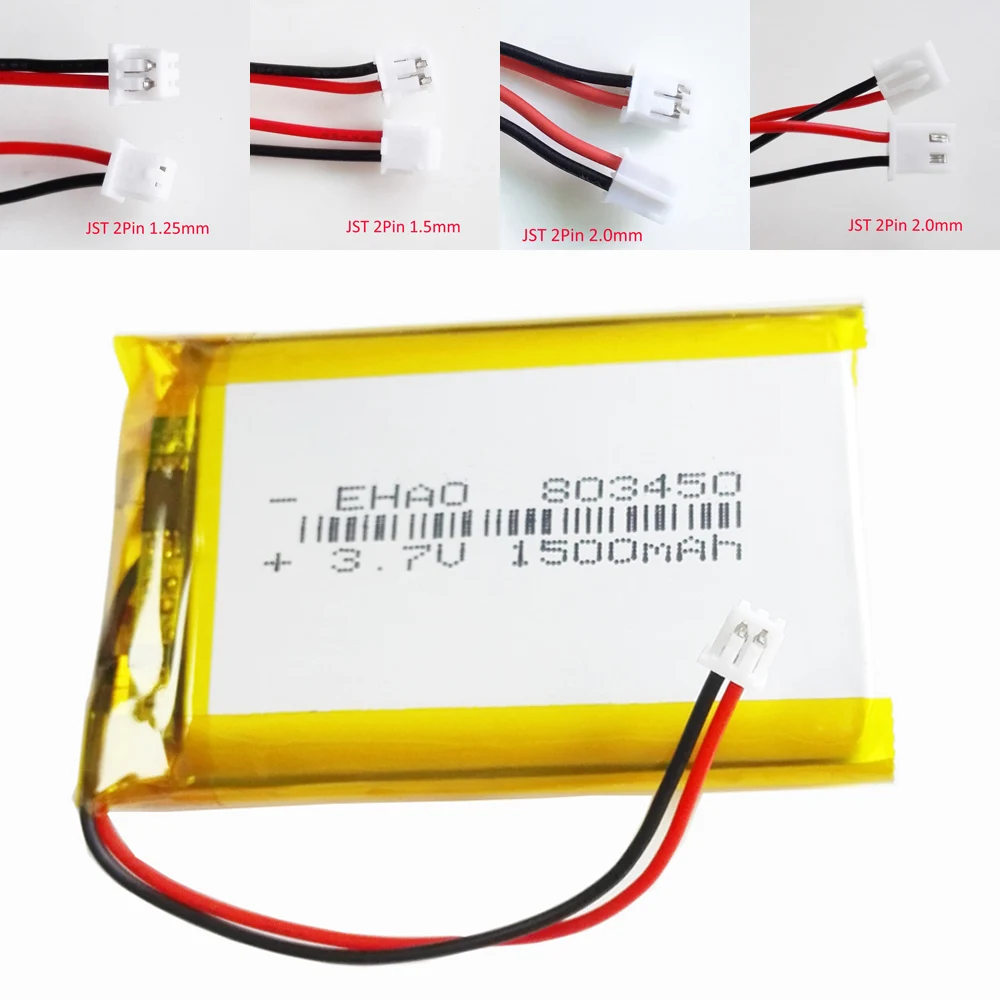 3.7V 1500mAh Lipo Rechargeable Battery + JST 2pin Plug For GPS Navigator DVD  Recorder Headset E-book Camera Bluetooth 803450